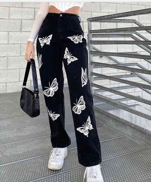 

Women Zipper Long Wide Leg Pants Ladies Casual High Waist Trousers Butterfly Printed Elasticity Pocket Loose Straight Pants, Black;white