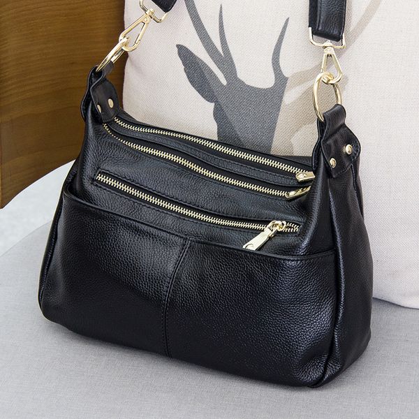 

women shoulder bag 100% genuine leather handbag black hobos fashion lady messenger crossbody purse large capacity c0125