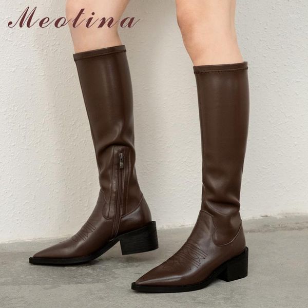 

boots meotina knee high women shoes real leather heel ladies pointed toe thick heels zip stretch long brown 401, Black