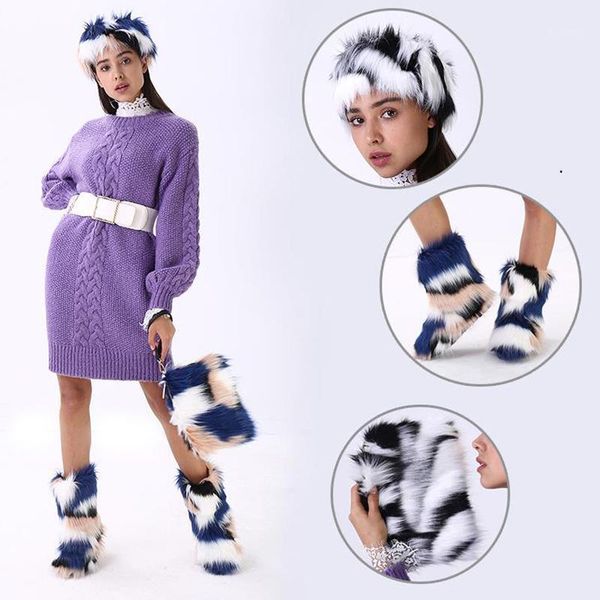 

2020 winter women's fluffy faux fur snow boots ladies warm plush fur shoes matching purse and headband boots sets1, Black