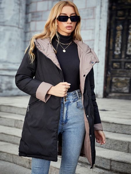 

zip pocket belted hooded double face winter coat v31f#, Black