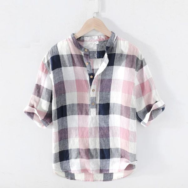 

new fashion casual men shirt short sleeve europe style loose shirt men pure linen plaid y27321, White;black
