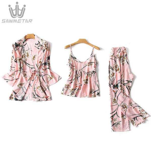 

silk pajama set women 3 piece set sleep loungeÂ fashion spaghetti strap satin sleepwear print long sleeve night suit 201102, Black;red