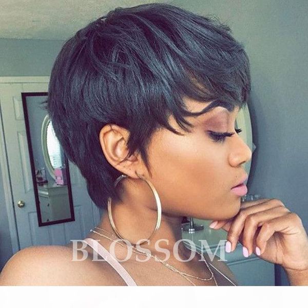 

2017 new 100% human hair african american wigs for black women black color layered lambskin short pixie cut wigs, Black;brown