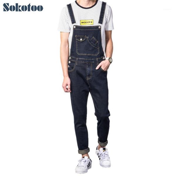 

sokotoo men's casual slim pocket denim bib overalls male suspenders jumpsuits plus size dark blue jeans for big and tall1
