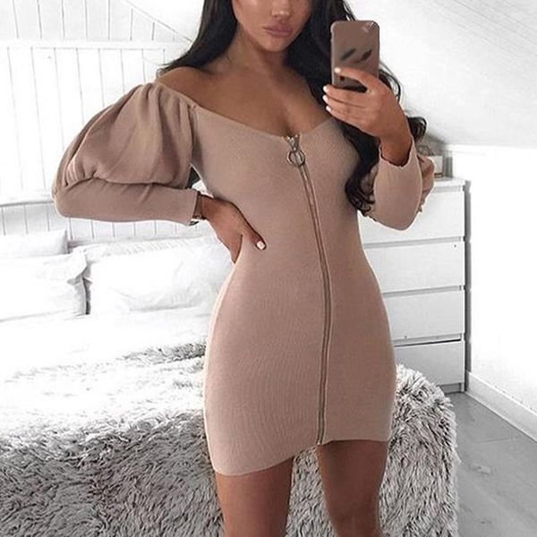 

women slim dresses lantern zipper long knitted bandage mini fashion ladies girl solid color dress vestido kg-346, Black;gray