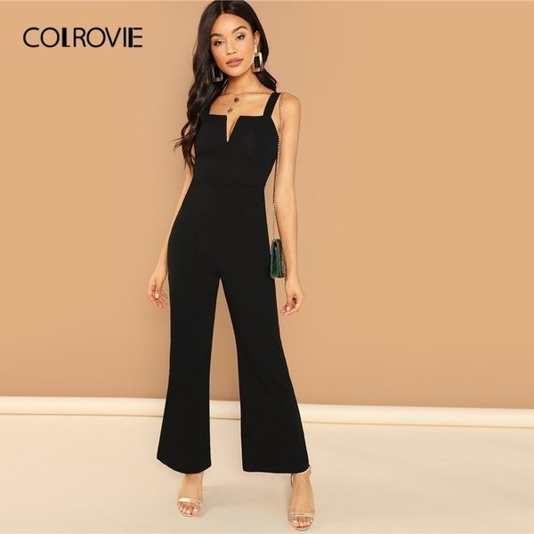 

colrovie burgundy solid v notch flare leg long party jumpsuit rompers women clothes black elegant sleeveless jumpsuits y200106, Black;white