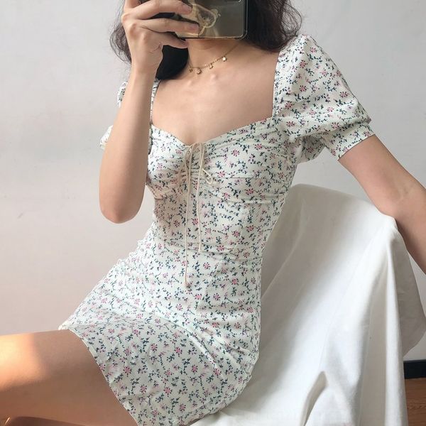 

elijl dress 2020 sleeve new women's french square collar 9bfga bubble summer waist slimming printed new skirt nv shi qunskirt lace-up, Black;gray