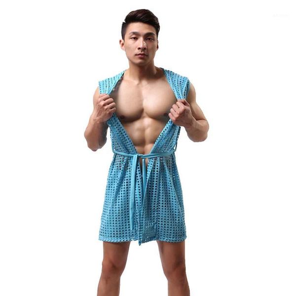 

men fishnet transparent hooded bathrobe fashion brand 2017 gay long bath robe nightgowns1, Black;brown