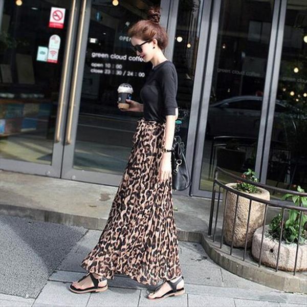 

tingyili summer women long leopard print skirt elastic high waist chiffon pleated slim fit casual maxi skirt, Black
