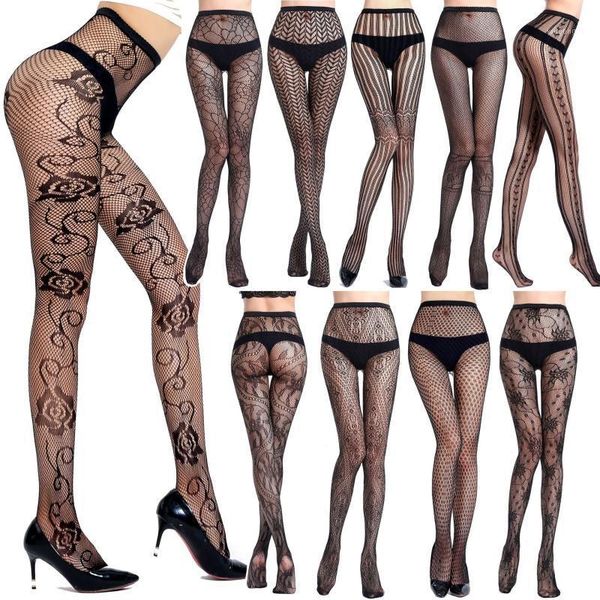 

2020 new arrival plaid pantyhose women nylon mesh tight with pattern fishnet stokings plus size panty1, Black;white