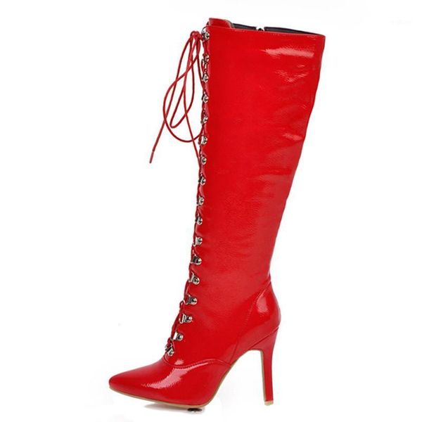 

lace-up knee high boots women fashion high heels women boots pointed toe red white party shoes woman large size 481, Black