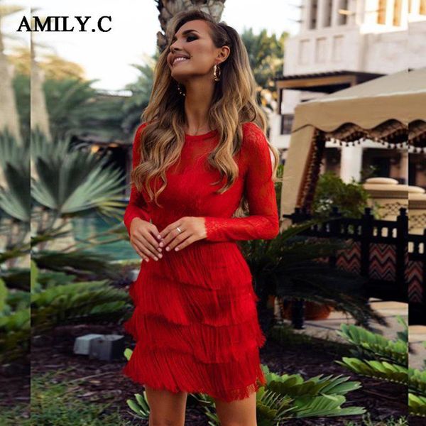 

casual dresses amily.c 2021 winter women's embroidery lace fringed bandage dress long sleeve round neck party elegant tight, Black;gray