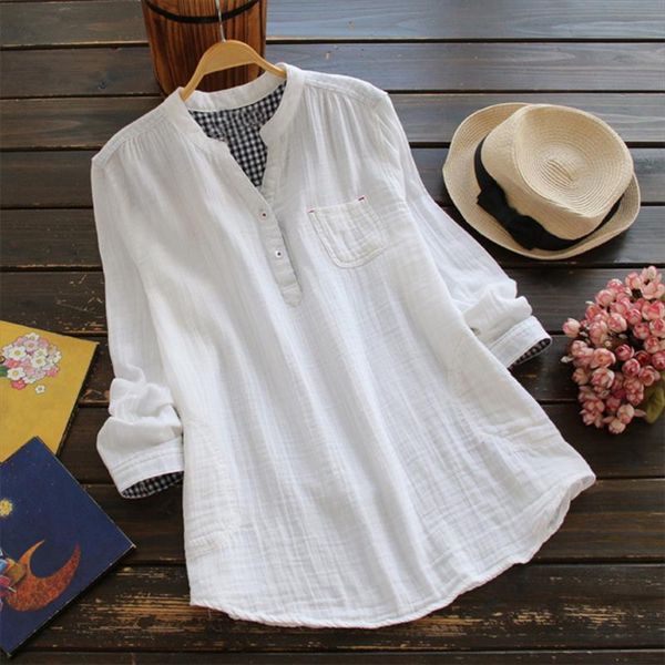 

zanzea elegant women summer solid v neck long sleeve blouses casual buttons feminina blusas cotton linen loose shirts plus size, White