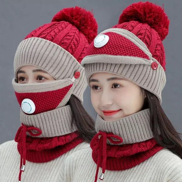 

2020 autumn winter knitted windproof women hat set breathable hole plus velvet caps thick woolen hats for women multifunction, Blue;gray