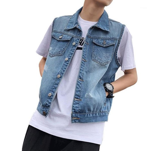 

wholesale 2020 denim vest men's spring autumn trend casual korean style handsome loose sleeveless hole brand teenagers vest men1, Black;white