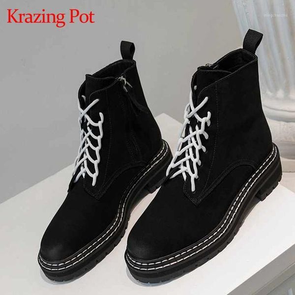 

boots krazing pot 2021 genuine leather lace up european punk design rock singer charming round toe thick med heels mid-calf l191, Black