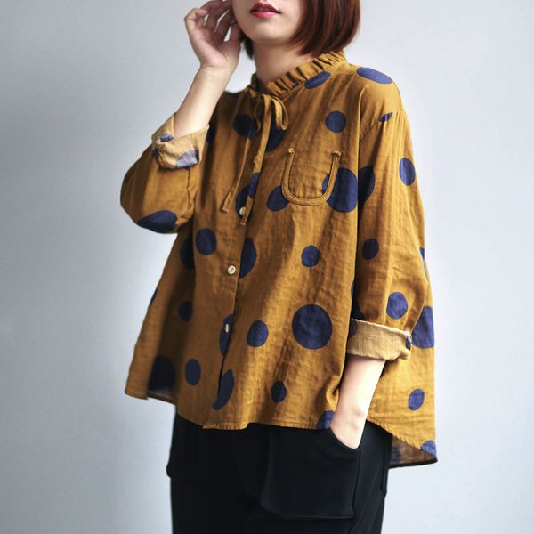 

shirt new 2021 blouse new spring mode complete women color flax summer collar stain dots yellow 4exq woawl