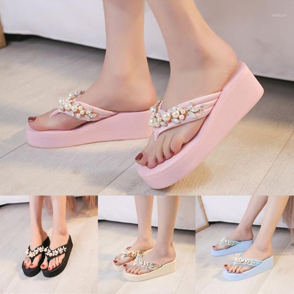 

women's summer bohemian clip toe flip flops non-slip wedges slippers beach shoes pearl sandals with non-slip flip-flops new1, Black