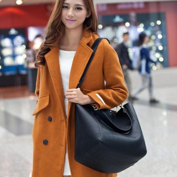 

2pcs fashion solid color women pu leather shoulder handbags large capacity tote clutches shopping composite bags set