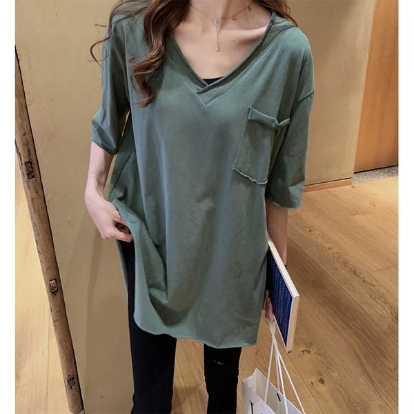 

2020 новой мода большого короткого рукава пальто футболка топ средней длиной v-образный вырез сверху рыхлого половина рукав футболка белого, White