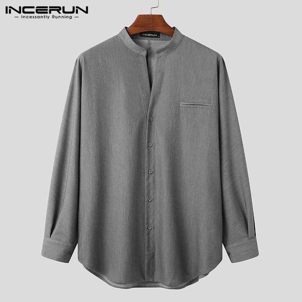 

vintage dress shirt men leisure solid color shirts fashion stand collar long sleeve camisa man loose buttons chemise 5xl incerun, White;black