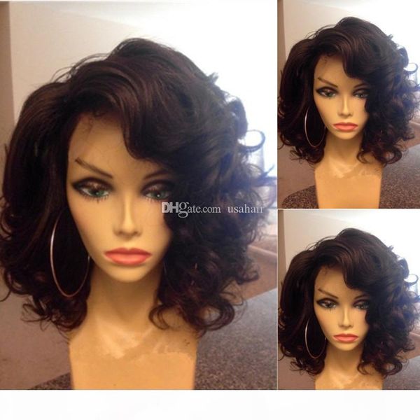 

side part wavy short glueless lace front human hair wigs with baby hair brazilian wavy bob wigs bleached knots, Black;brown