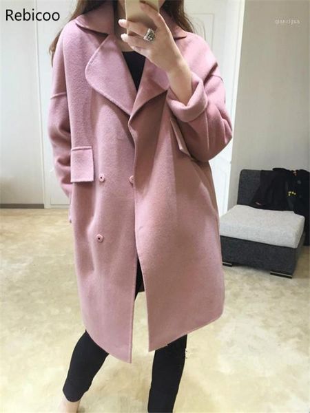

office lady women winter wool blend coat single breasted wool coat and jacket wide-waisted outerwear1, Black