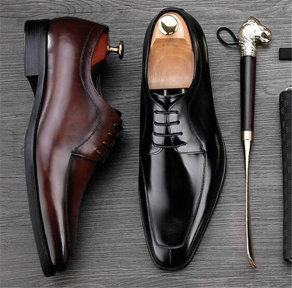 

spring custom handmade men's shoes patchwork rub color square toe british business suits dress lace-up leather outsole shoes, Black