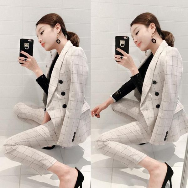 

plaid female business suit summer loose elegant korean style women suit jacket tweed set working komplet damski clothing eg50xf1, White