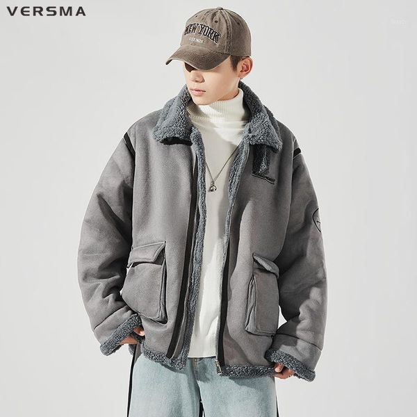 

versma japanese harajuku vintagewinter jacket coat men parka hip hop streetwear oversize thick lamb wool men parkas dropshipping1, Black