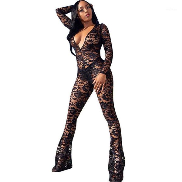 

women floral black lace bodycon jumpsuit romper deep v-neck mesh see-through long sleeve jumpsuit flare pants club overalls1, Black;white