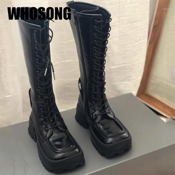 

women boots girls motorcycle botas platform flats woman mid calf boots ladies square toe shoes female black brand brouge1