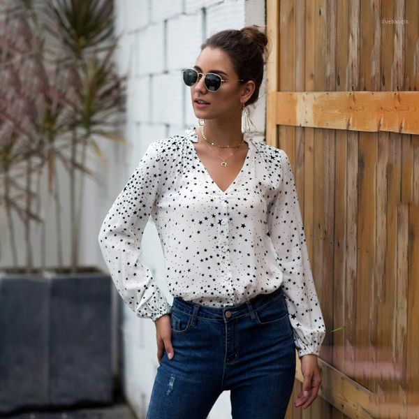 

women's fashion 2020 new blouse female casual pullover v-neck star print long sleeve irregular white shirts 1
