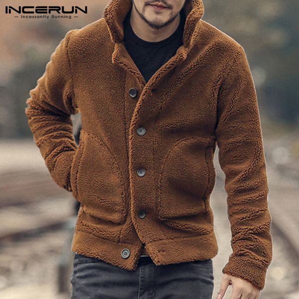 

men fleece jackets coats streetwear long sleeve solid lapel outerwear button up fluffy fashion winter plush overcoats kg-821, Black;brown
