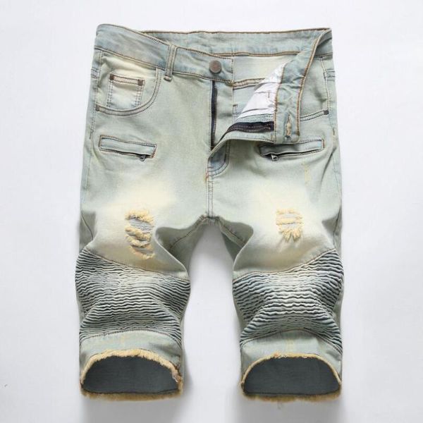 

new summer men pleated denim shorts holes short jeans men stretch straight jeans shorts slim fit size 421, Blue