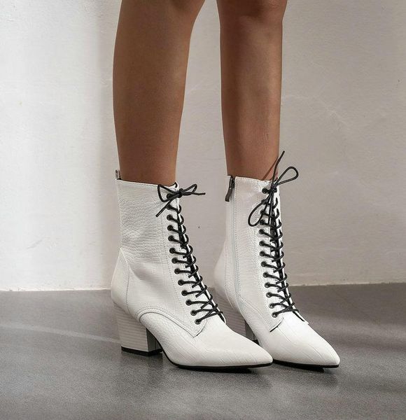 

white shoes lady boots ankle booties women luxury designer winter footwear clogs platform lace up ladies low pointy high heel, Black
