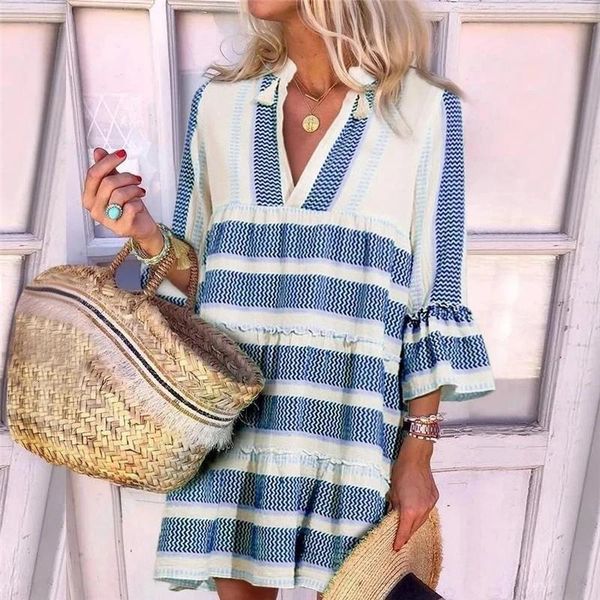 

women summer boho dress female striped tassel sundress beach bell sleeve flowy swing shift dress v-neck loose short dresses, Black;gray