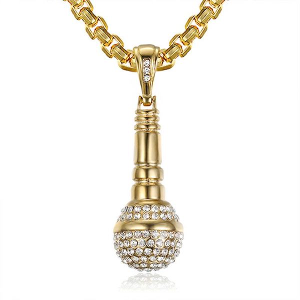 

pendant necklaces hip hop rapper style bling iced out crystal microphone pendants men gold stainless steel jewelry gift, Silver