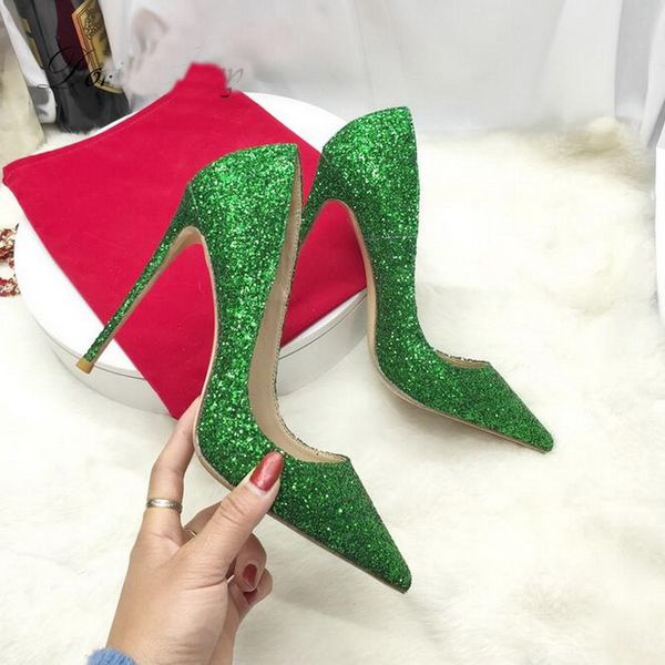 

women red bottoms shoe closed toe green glitter ladies pointy toes party wedding high heel shoes stilettos dress women pumps, Black