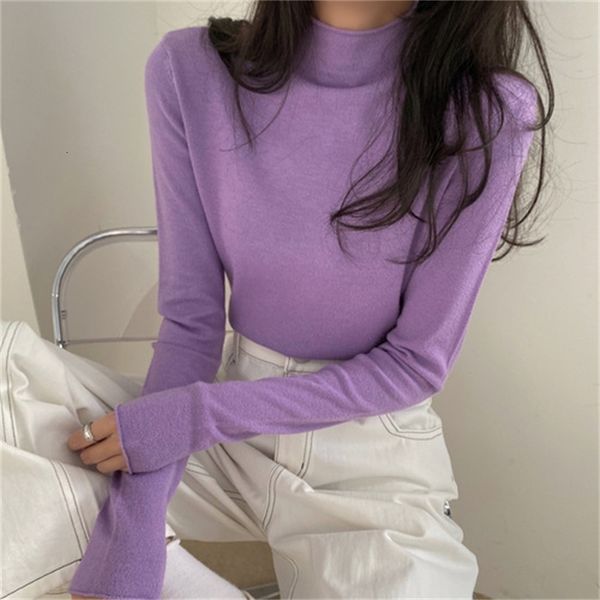 

2021 new women's knitted-out jumpers solid shirts mock neck jumper autumn long sleeves bottom sweater 3nbv, White;black