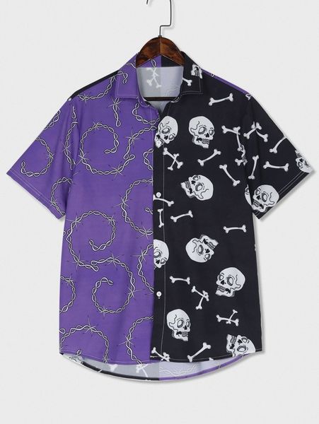 

romwe guys chain & skull print colorblock shirt t8lz#, White;black