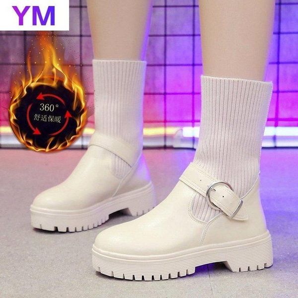 

boots winter autumn women shoes woman buckle fashion round pu ankle 2021 elastic platform comfortable, Black