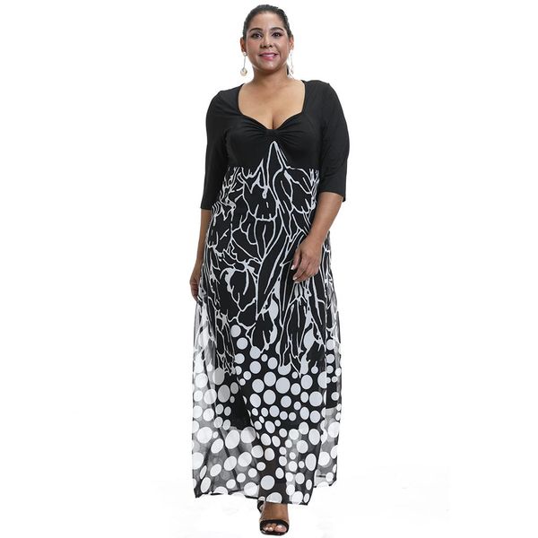 

слой печатного dot size plus large 6xl spring женщины полька 5 цветочной черное белое платье дважды осень maxi дама sqcfhz pp2006, Black;gray