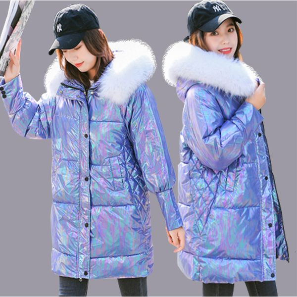 

2021 new women jacket coats hooded thick warm long parkas glossy down cotton parka female big fur collar shiny cold outwear ml5h, Black