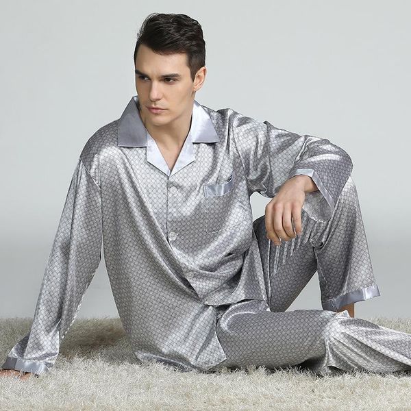 

satin silk pajamas set for men plus size 3xl printed silk pyjama spring summer autumn long-sleeve large size luxury clothes men, Black;brown