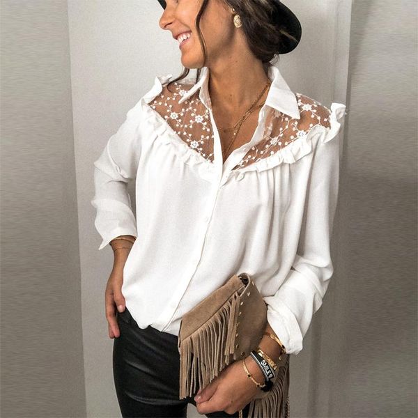 

new women´s long sleeve button down shirt lace shoulder perspective stand collar women blouse white