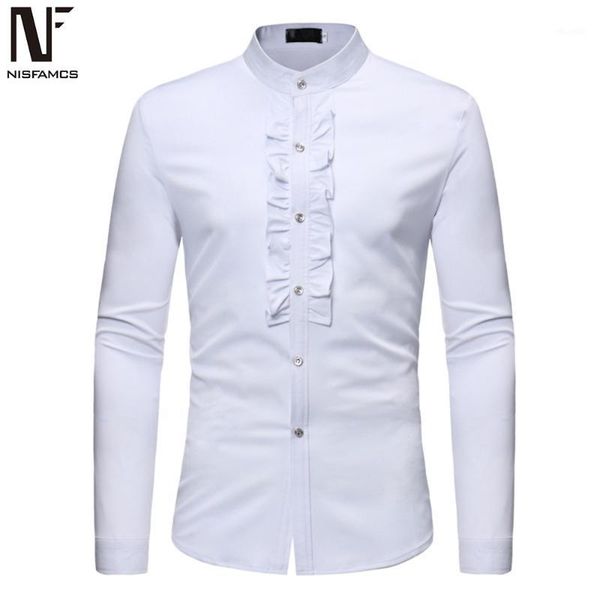 

novelty style gentleman dinner shirt elegant male tuxedo shirts white stand collar man europe size long sleeve men blouse1, White;black