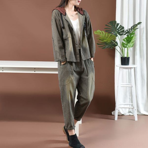 

й гравировка две части осени арт мода капюшона одежды рабочей одежду полосатой denim suitwomen работают пальто и шаровары nkwjn, Gray