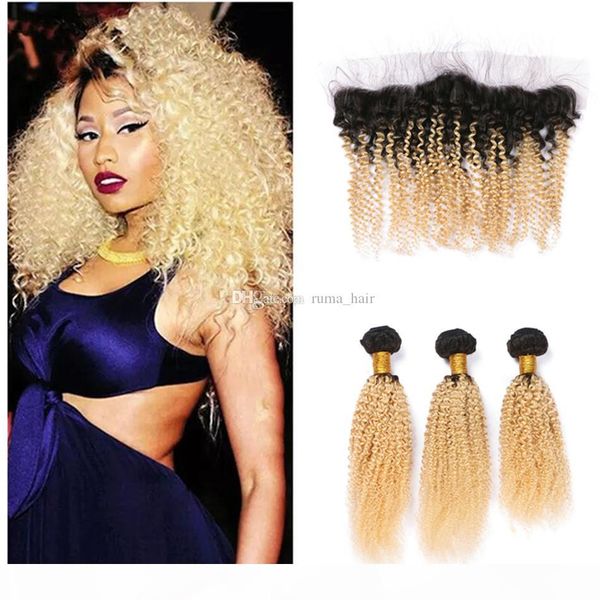 

two tone 1b 613 dark root ombre богородица человеческих волос пучки afro kinky завитые с 13 * 4 blonde уха до уха кружева фронтальная закрыт, Black;brown